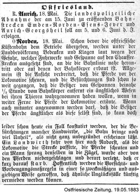 Unfall bei Nadörst in der Ostfriesischen Zeitung 1883-05-19-115